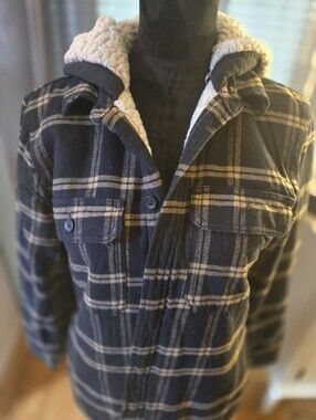 Hollister Men's Navy Plaid Sherpa-Lined Hooded Jacket